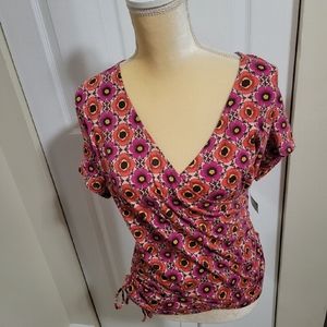Floral ruched faux-wrap top